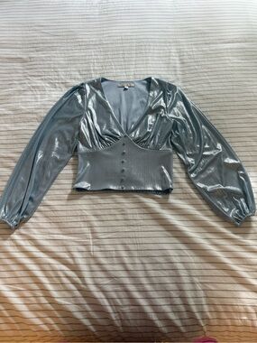 Metallic Light Blue V-Neck Button-Front Crop Blouse
